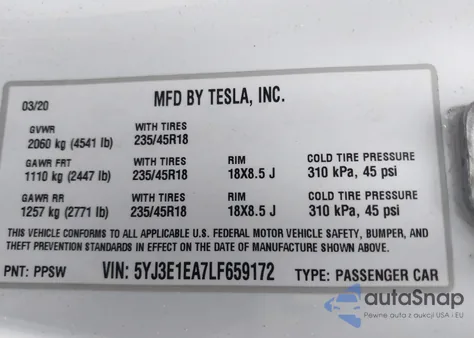 2020 Tesla Model 3 Standard Range Plus Rear-Wheel Drive/Standard Range Rear-Wheel Drive from USA, damaged, VIN 5YJ3E1EA7LF659172